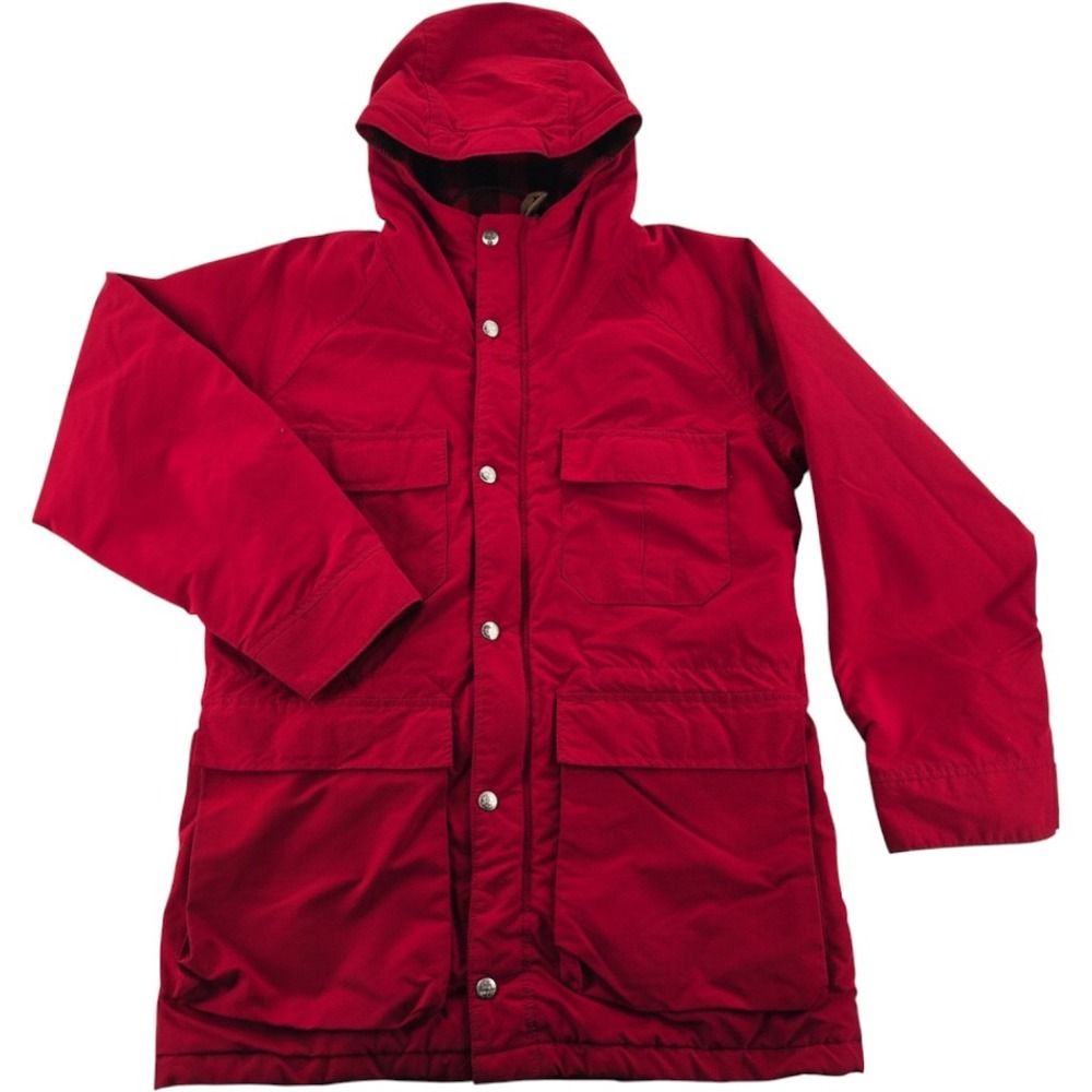 LL Bean Womens Baxter State Parka S Red Wool Plaid Lined Hooded USA